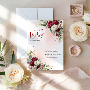 Tarjeta De Confirmación De Asistencia Elegante Boho Burgundy Blanco Floral Dorado Boda