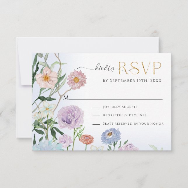Tarjeta De Confirmación De Asistencia Elegante BOHO Flor silvestre Floral acuarela azul (Anverso)