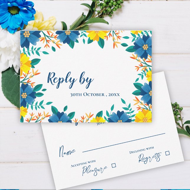Tarjeta De Confirmación De Asistencia Elegante Bonito de moda Boda floral azul amarillo (Elegant Trendy Pretty Yellow Blue Floral Wedding RSVP Card)