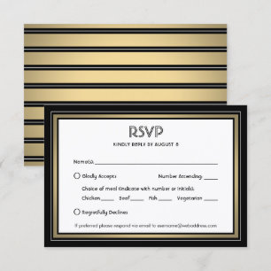 Tarjeta De Confirmación De Asistencia Elegante borde negro y dorado y opciones de comida
