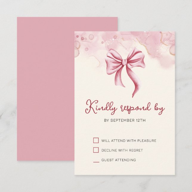 Tarjeta De Confirmación De Asistencia Elegante Bow Rosado Cumpleaños Quinceañera (Anverso / Reverso)