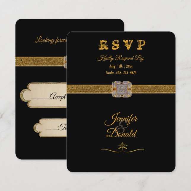 Tarjeta De Confirmación De Asistencia Elegante Brooch Purpurina de oro negro (Anverso / Reverso)