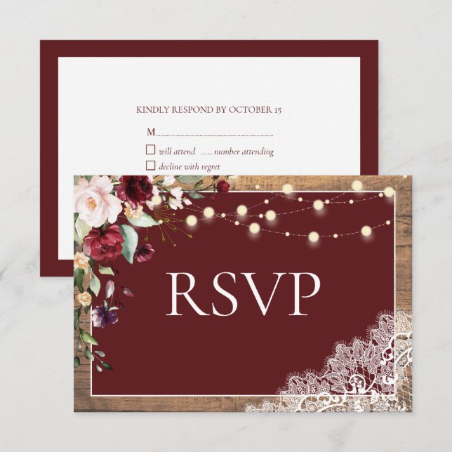 Tarjeta De Confirmación De Asistencia Elegante Burgundy Rubor Boda Botánica de Madera RS (Anverso / Reverso)