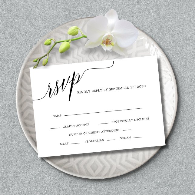 Tarjeta De Confirmación De Asistencia Elegante caligrafía Boda blanco y negro (Wedding Invitation RSVP Enclosure Card - Elegant Splendor Calligraphy - White)