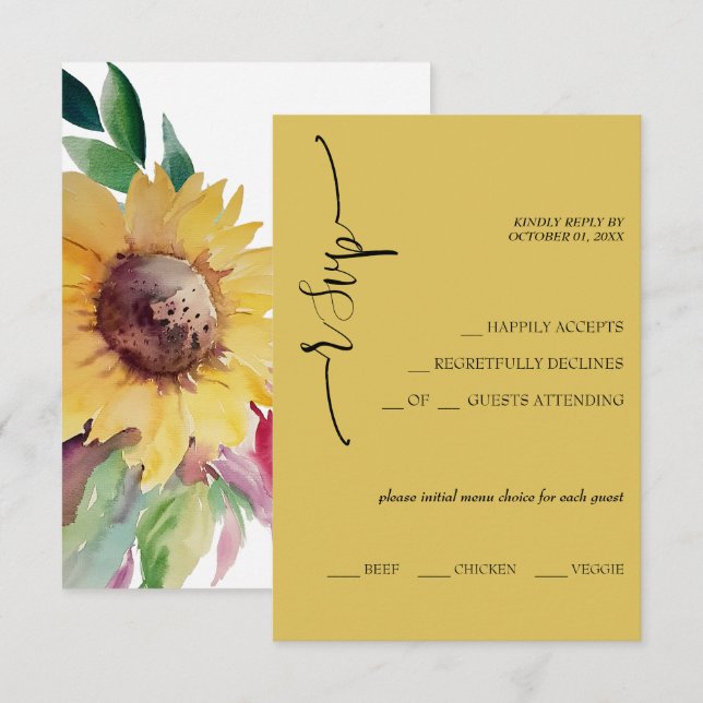 Tarjeta De Confirmación De Asistencia Elegante caligrafía de girasol de mostaza (Anverso / Reverso)