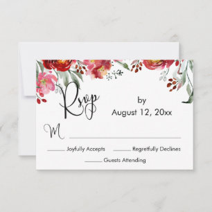 Tarjeta De Confirmación De Asistencia Elegante caligrafía Flores rojas borgoñonas de oto