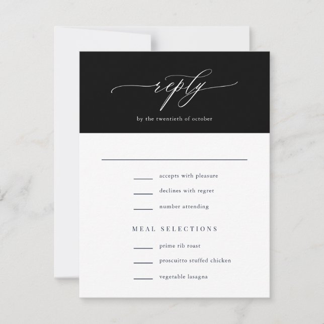 Tarjeta De Confirmación De Asistencia Elegante caligrafía simple Boda negro (Anverso)