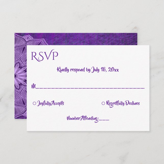 Tarjeta De Confirmación De Asistencia Elegante caligrafía simple púrpura Mandala Boda (Anverso / Reverso)