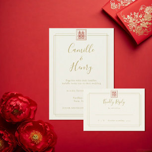 Tarjeta De Confirmación De Asistencia Elegante Champagne Doble Felicidad Boda China