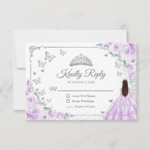 Tarjeta De Confirmación De Asistencia Elegante Chic Lila Púrpura Plata Quinceañera Respu