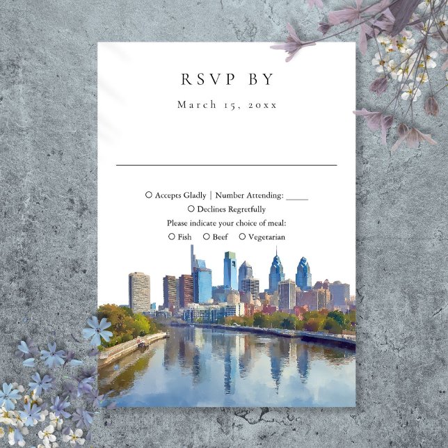 Tarjeta De Confirmación De Asistencia Elegante cielo de Filadelfia acuarela boda (Elegant Philadelphia Skyline Watercolor Wedding RSVP Card)
