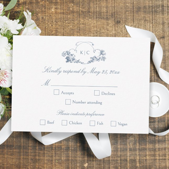 Tarjeta De Confirmación De Asistencia Elegante Classic Dusty Blue Floral Francesa (Subido por el creador)