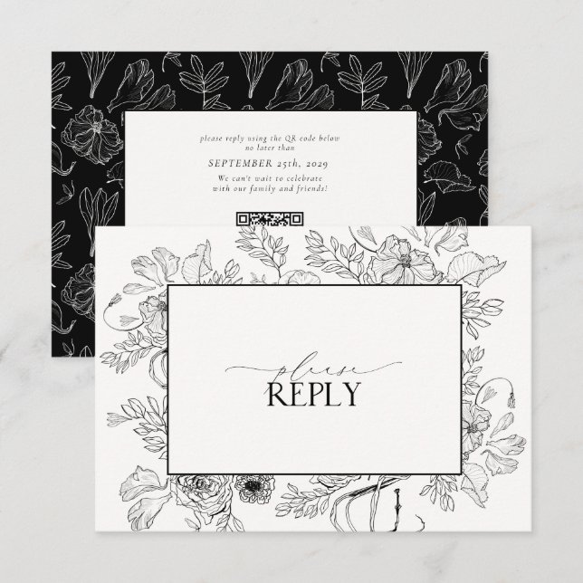 Tarjeta De Confirmación De Asistencia Elegante código QR Boda blanco negro (Anverso / Reverso)