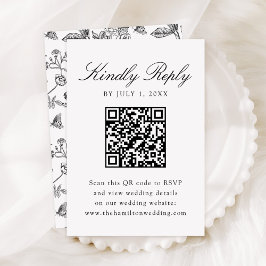 Tarjeta De Confirmación De Asistencia Elegante código QR Boda floral Chinoiserie negro