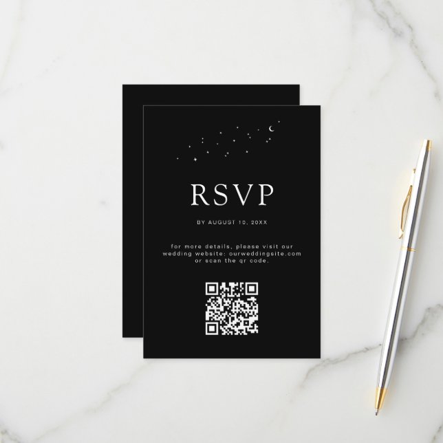 Tarjeta De Confirmación De Asistencia Elegante Código QR Celestial Boda negro moderno (Anverso/Reverso In Situ)