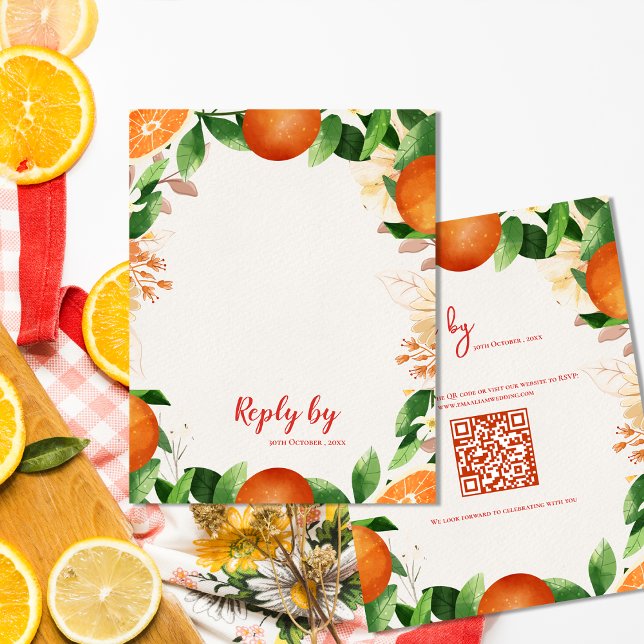 Tarjeta De Confirmación De Asistencia Elegante Código QR Citrus Naranja Otoño Boda Caída (Elegant QR Code Citrus Orange Autumn Fall Wedding RSVP Card)