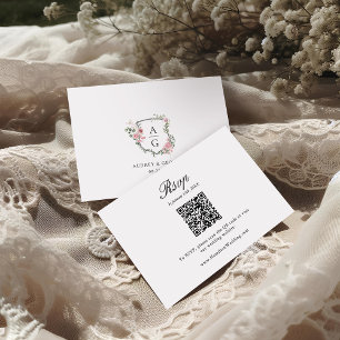Tarjeta De Confirmación De Asistencia Elegante código QR con monograma floral en rosa de