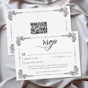 Tarjeta De Confirmación De Asistencia Elegante código QR de boda barroco vintage en blan