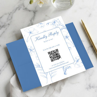 Tarjeta De Confirmación De Asistencia Elegante código QR de boda con arte floral en azul