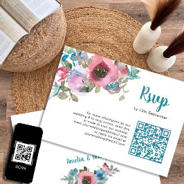 Tarjeta De Confirmación De Asistencia Elegante código Qr de color azul y rosa Floral Flo