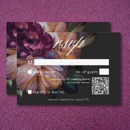 Tarjeta De Confirmación De Asistencia Elegante código QR del Boda floral negro Moody