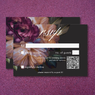 Tarjeta De Confirmación De Asistencia Elegante código QR del Boda floral negro Moody
