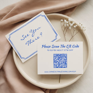 Tarjeta De Confirmación De Asistencia Elegante código QR floral azul para boda