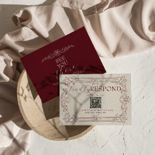 Tarjeta De Confirmación De Asistencia Elegante código QR floral borgoña de dinero antigu