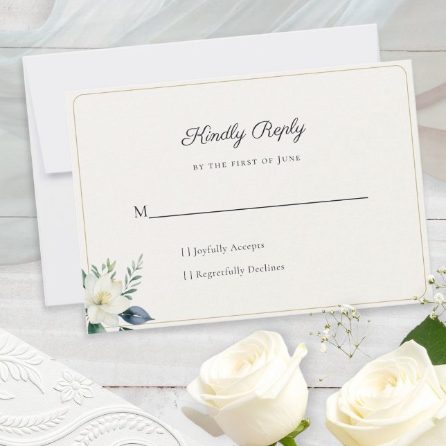 Tarjeta De Confirmación De Asistencia Elegante Código QR Floral de Verdor Blanco (An elegant wedding reply card for guests, with floral motif and a customizable QR code on the back)
