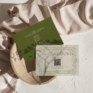 Tarjeta De Confirmación De Asistencia Elegante código QR floral verde oliva antiguo dine