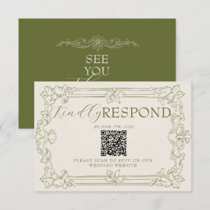 Tarjeta De Confirmación De Asistencia Elegante código QR floral verde oliva antiguo dine