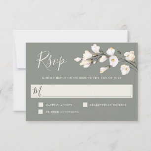 Tarjeta De Confirmación De Asistencia Elegante color de agua blanco Floral Sage Verde RS