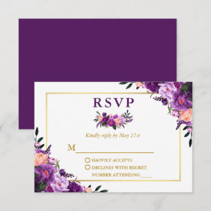 Tarjeta De Confirmación De Asistencia Elegante color de agua morado Boda floral dorado