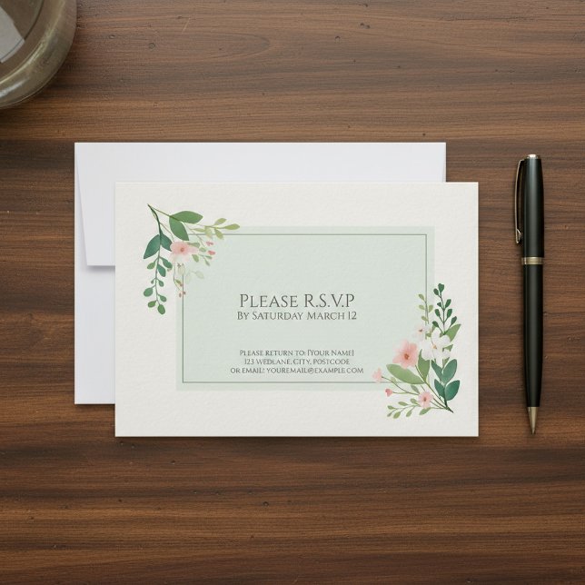 Tarjeta De Confirmación De Asistencia Elegante color de agua verde Floral Tarjeta de res (Elegant green Watercolor Floral RSVP Response Card.)