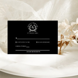 Tarjeta De Confirmación De Asistencia Elegante Cresta de Monograma Negro/Blanco para Bod