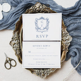 Tarjeta De Confirmación De Asistencia Elegante Cresta de Monograma Rosas Francesas Boda 