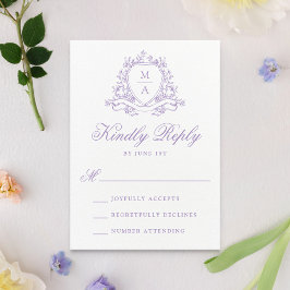 Tarjeta De Confirmación De Asistencia Elegante Cresta Floral de Lila Monograma de Boda