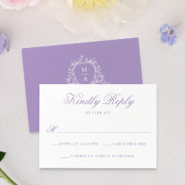 Tarjeta De Confirmación De Asistencia Elegante Cresta Floral de Lila Monograma de Boda
