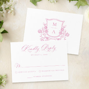 Tarjeta De Confirmación De Asistencia Elegante Cresta Floral Rosa Monograma Boda