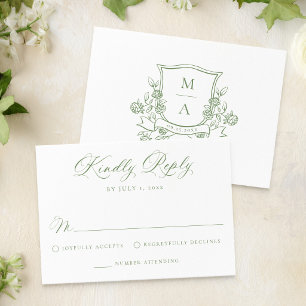 Tarjeta De Confirmación De Asistencia Elegante Cresta Floral Verde Monograma Boda