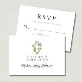 Tarjeta De Confirmación De Asistencia Elegante Cruz Botánica Verde Primera Comunión