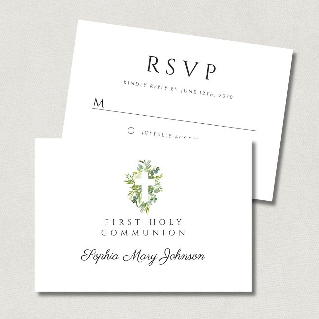 Tarjeta De Confirmación De Asistencia Elegante Cruz Botánica Verde Primera Comunión (Elegant Green Botanical Cross First Communion RSVP Card)