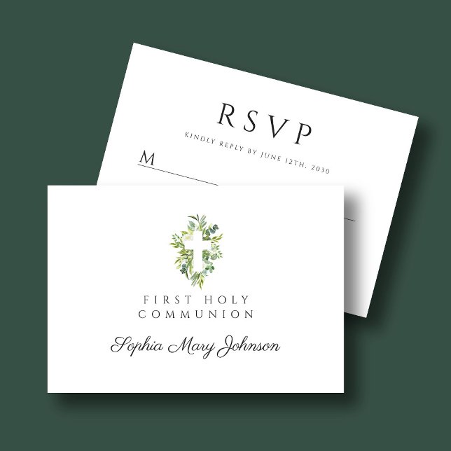 Tarjeta De Confirmación De Asistencia Elegante Cruz Botánica Verde Primera Comunión (Elegant Green Botanical Cross First Communion RSVP Card)
