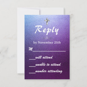 Tarjeta De Confirmación De Asistencia Elegante Cruz Cristiana de Boda con Brillo Púrpura