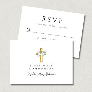 Tarjeta De Confirmación De Asistencia Elegante Cruz Floral Niña Primera Comunión