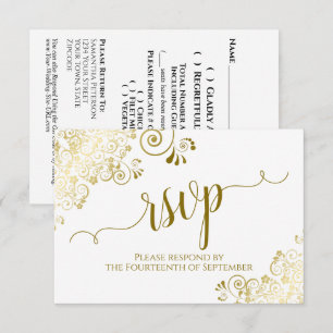 Tarjeta De Confirmación De Asistencia Elegante Curls de oro y caligrafía Boda Código QR