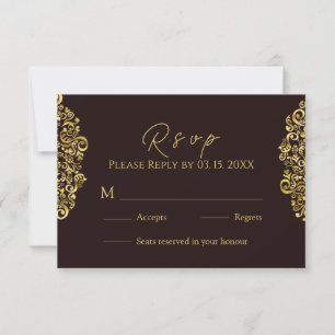 Tarjeta De Confirmación De Asistencia Elegante Damasco de Marrón Dorado