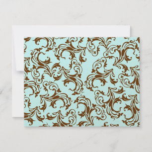Tarjeta De Confirmación De Asistencia Elegante Damasco marrón vintage en azul Aqua Light