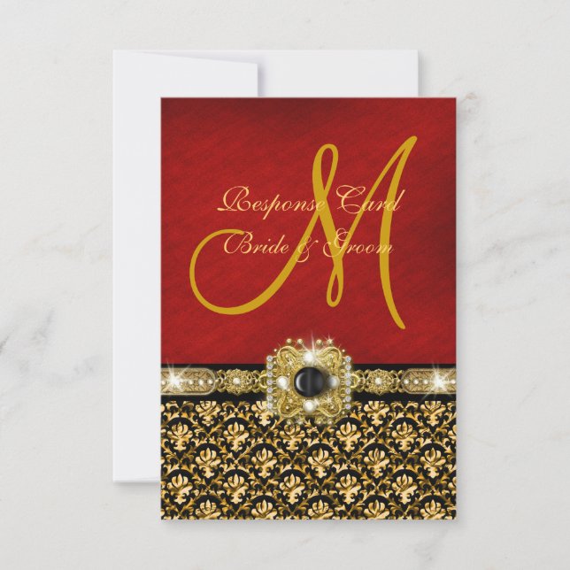 Tarjeta De Confirmación De Asistencia Elegante damasco negro rojo dorado (Anverso)