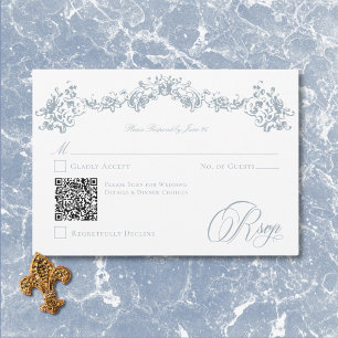 Tarjeta De Confirmación De Asistencia Elegante Dusty Blue Chinoiserie Cherub Boda QR